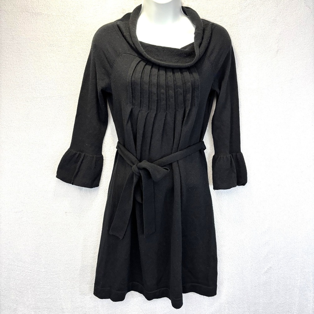 Girls From Savoy 100% Merino Wool Sweater Dress Womens XS Black Cowl Neck Belted